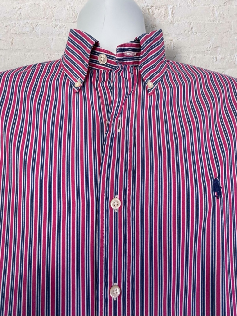 Polo Ralph Lauren Custom Fit Shirt 16 L Red Blue Stripe Button Down Cotton